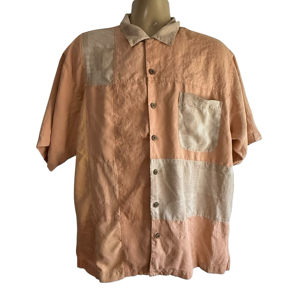 Tommy Bahama Mens Large Silk Linen Patchwork Button Up Shirt Peach Tropical‎